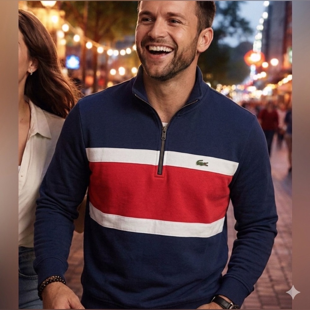 Lacoste Men's Navy Quarter Zip-Up sweatshirt with Red & White Chest Stripe